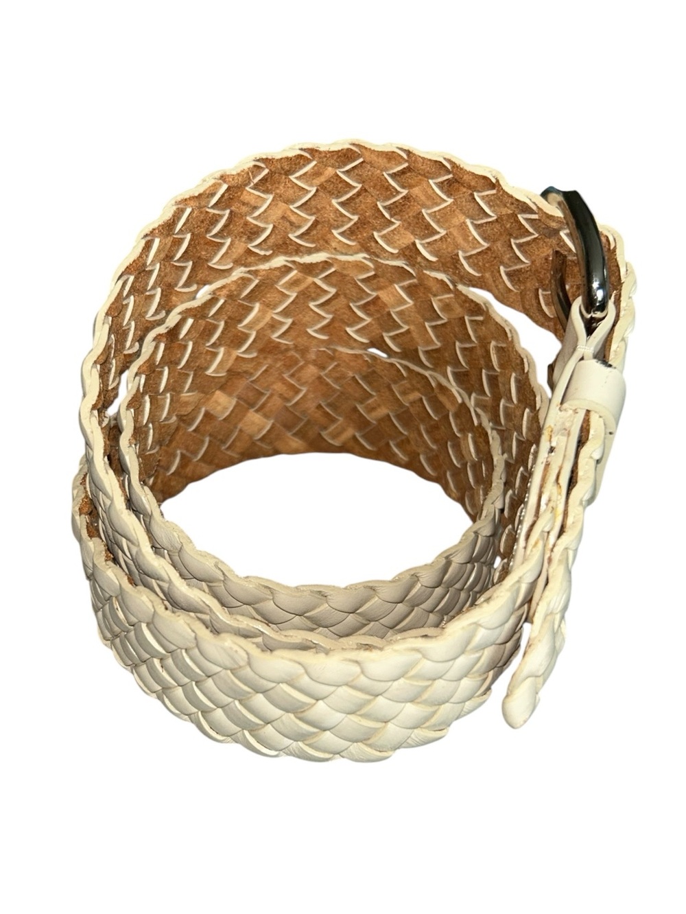 Talbots Cream Woven Leather Wide Belt with Silver Tone Solid Brass Buckle XL - Picture 3 of 6